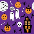 Seamless pattern happy halloween pumpkin, bat, spider, cross, skull, ghost vector illustration Royalty Free Stock Photo
